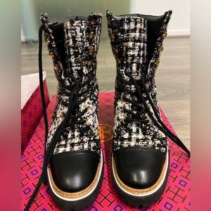 Tory Burch 60mm Lug Sole Bootie, Stripped Tweed/Perfect Black color